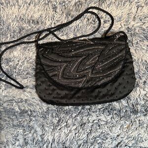 La Regale Black Beaded Satin Crossbody Bag